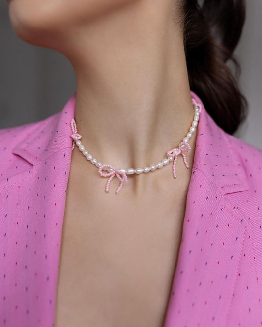 Pink Bow Pearl Choker